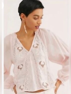 Free People Pink Lace-Trim V-Neck Sivan Blouse XS